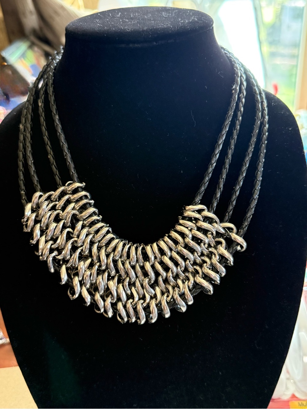 Vintage Handmade 4 Strand Leather  Silver Chain 17” Necklace